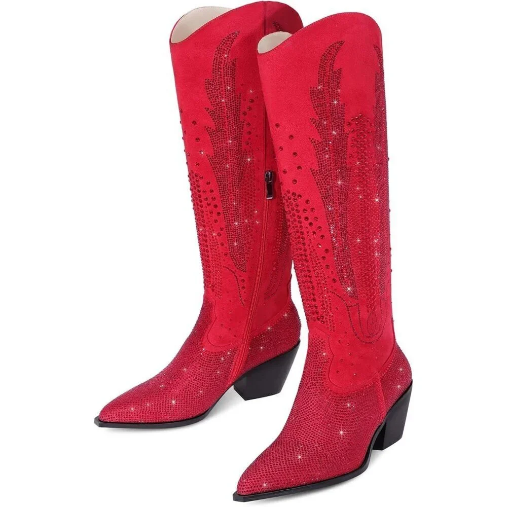 Women Polyurethane Red Knee High Pointed Toe Chunky Heel Rhinestone Tall Boot